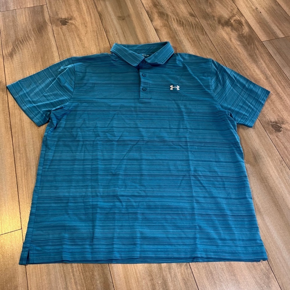 Under Armour Teal Striped HeatGear Performance Golf Polo Shirt Mens XL Bin O-72